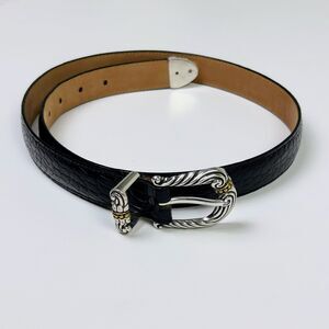 Brighton Leather Black Belt Croc Embossed Western Silver Gold Buckle sz ML 32